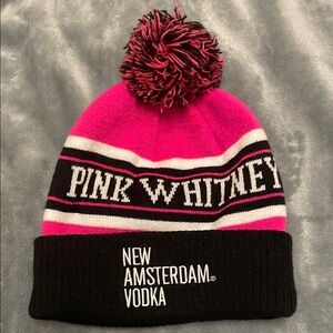 Pink Whitney New Amsterdam Vodka Pom Pom Beanie Pink White Black Winter Hat